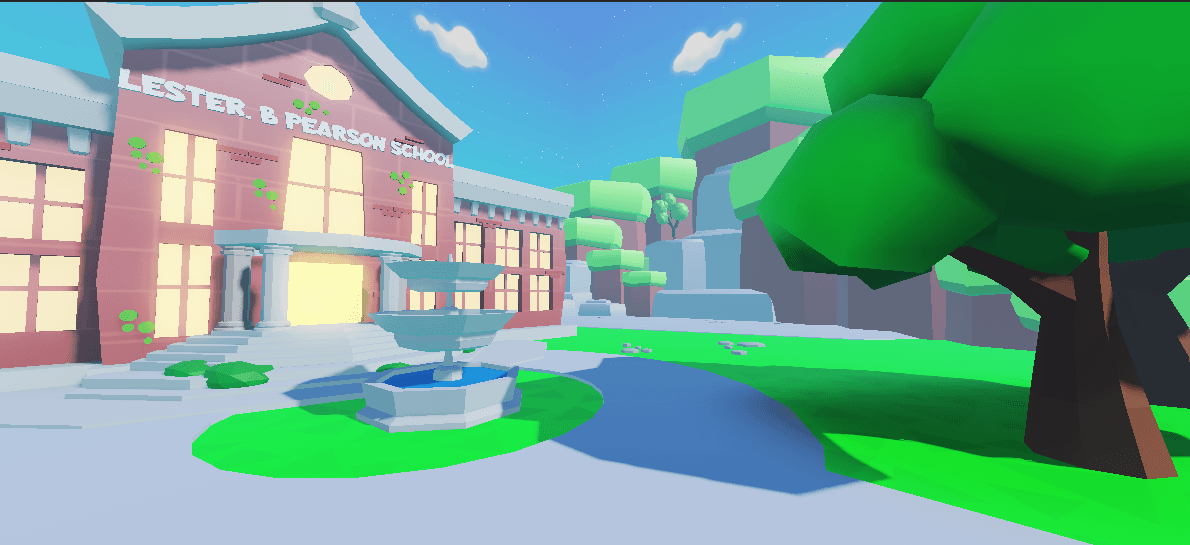 School Exterior | Main spawn-side intro view.